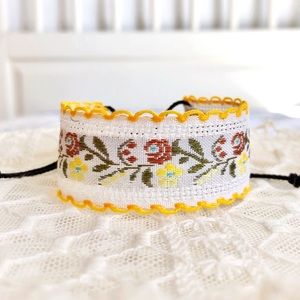 ๑ Vintage Yellow Picot Edge Floral Embroidered Trim Bracelet ๑